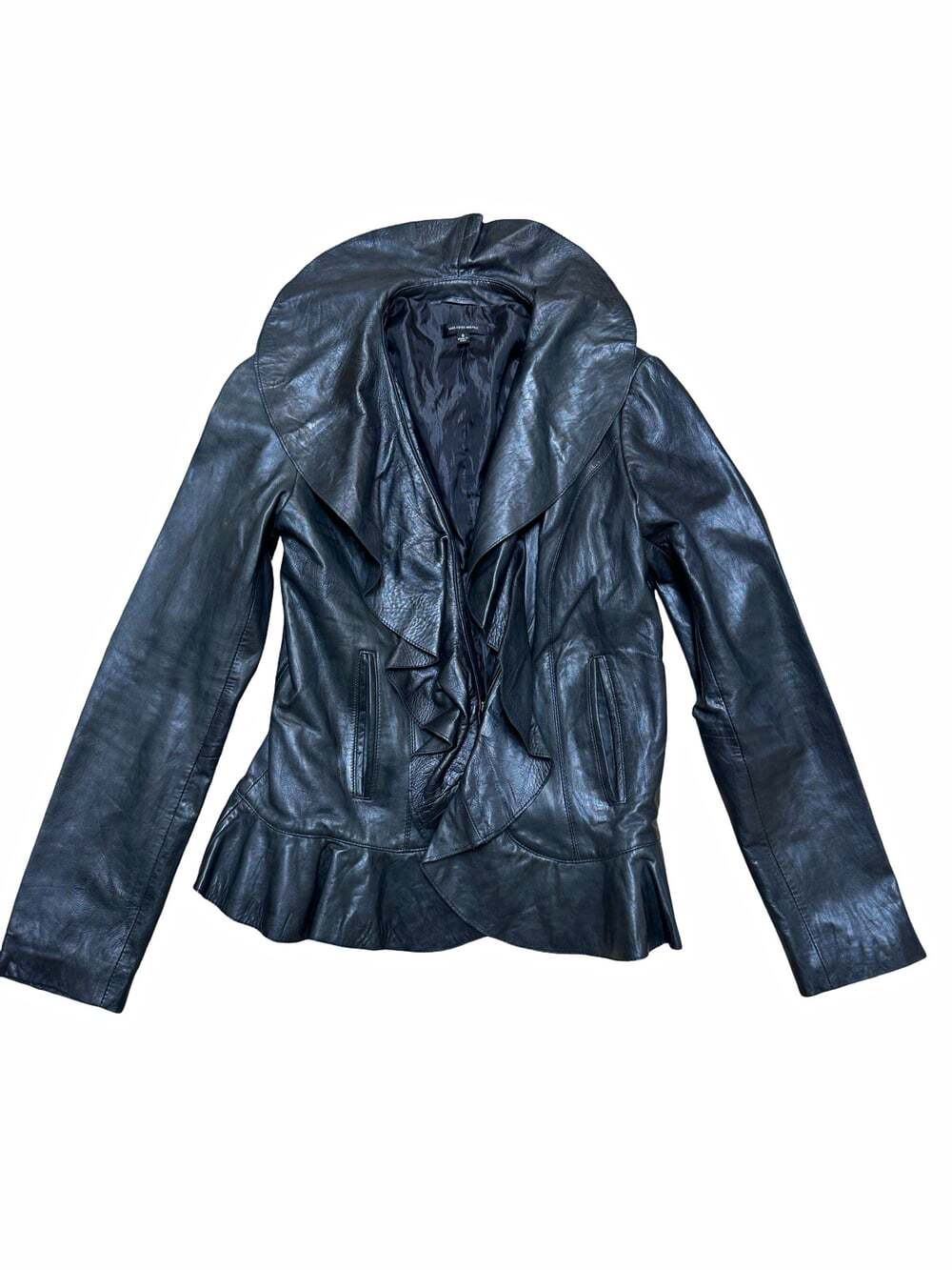 Saks Fifth Avenue Black Leather Ruffle Front Open Jacket Lined Short Size S